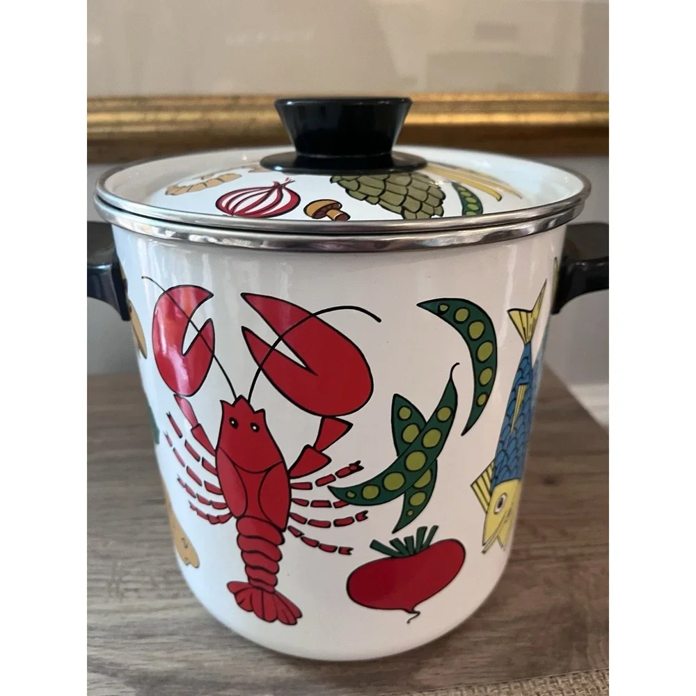 Vtg San Ignacio Nantucket Metal Enamel Lobster Stock/Steam Pot & Basket Veggies